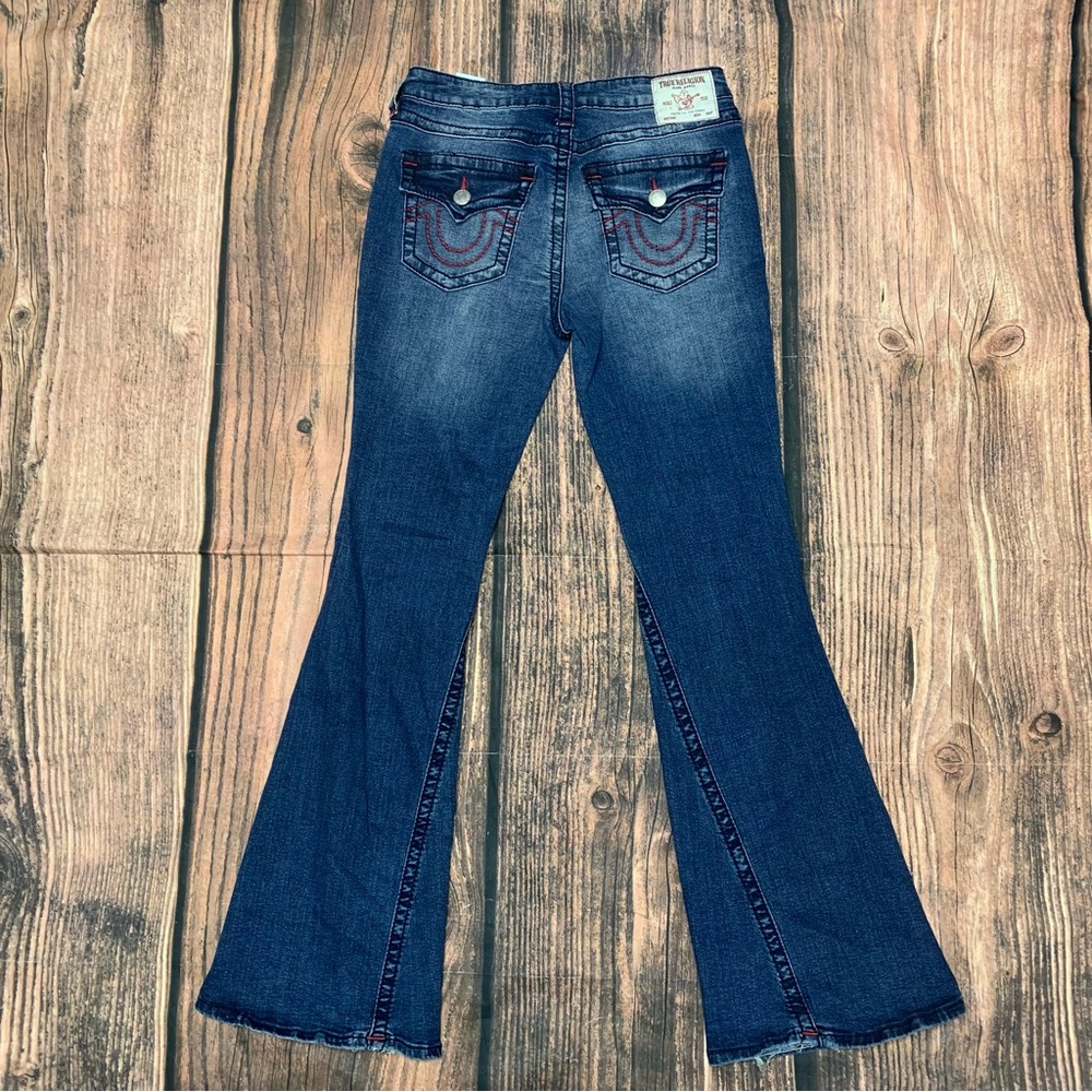 True Religion Joey Mid Rise Flare jeans womens 28 Red stiching Flap T pockets
